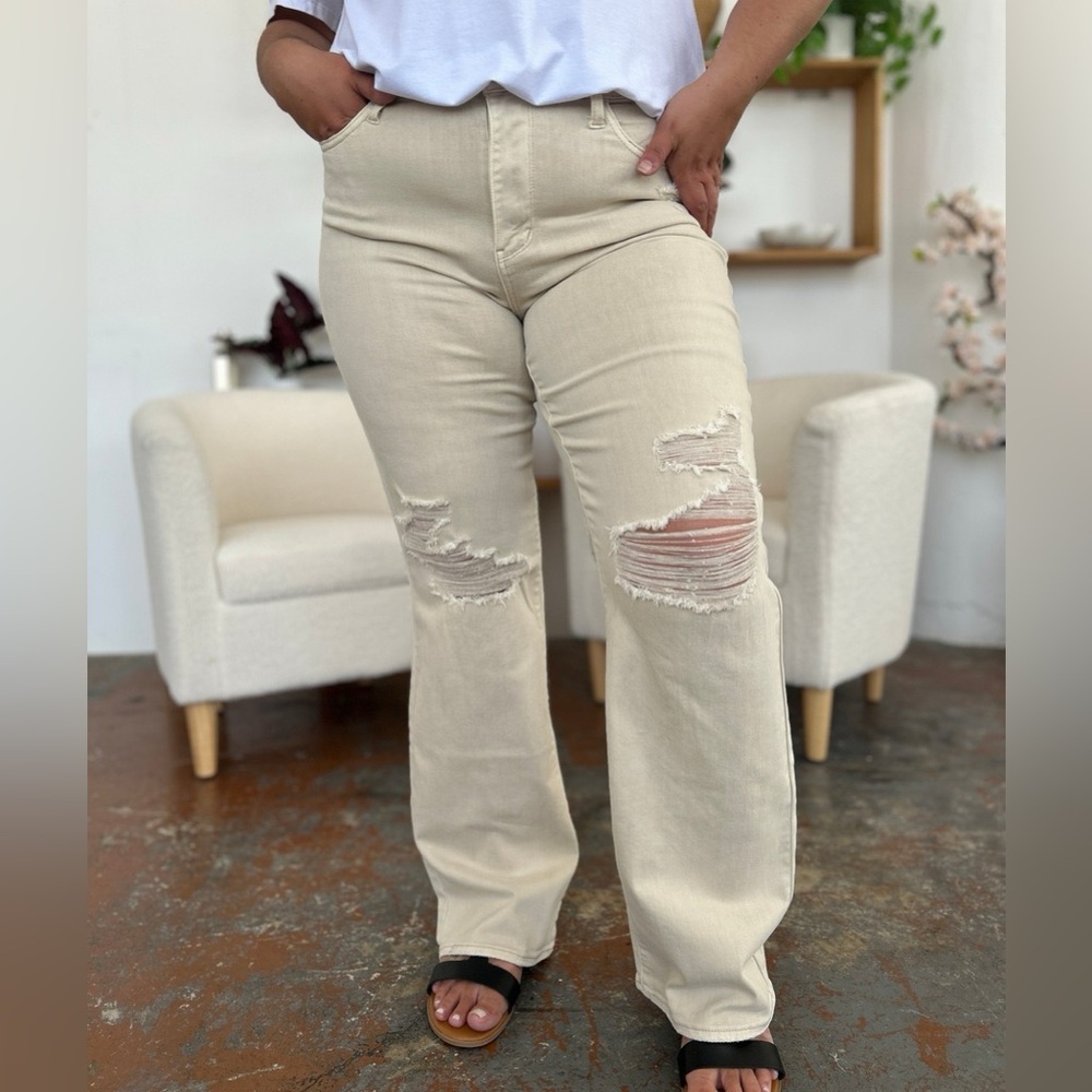 NWT Judy Blue PLUS + REG Size Bone High Waisted Distressed 90s Straight Leg Jean